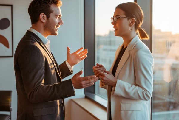 two business professionals discussing B2B prospecting