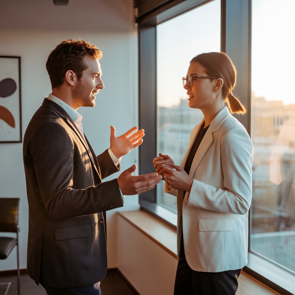 two business professionals discussing B2B prospecting